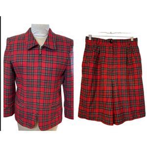 Norton McNaughton Shorts Suit 2 Pcs Blazer/Shorts Red/Green Tartan Sz. 8 Vtg